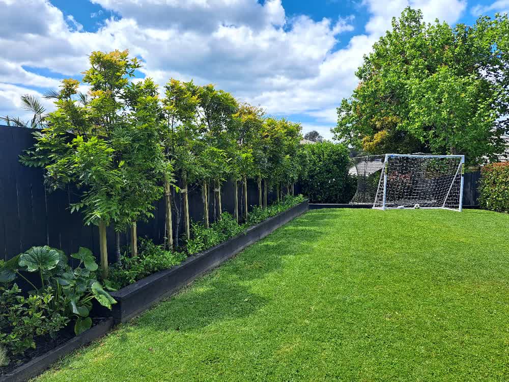 Backyard lawn with football goal and planter box